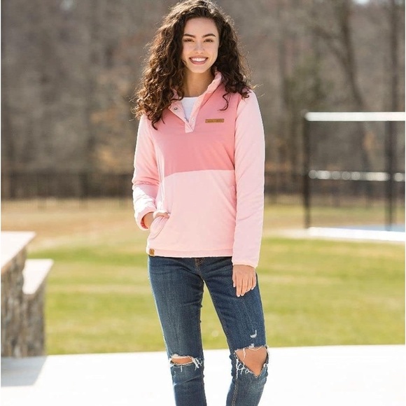 Simply Southern size XL 1/4 snap pink pullover two toned chest panel draw string - Picture 2 of 15